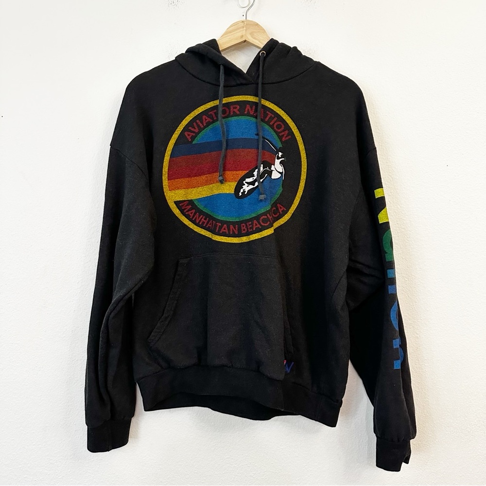 Aviator Nation Black Hooded Sweatshirt with Rainbow Logo - Picture 2 of 12